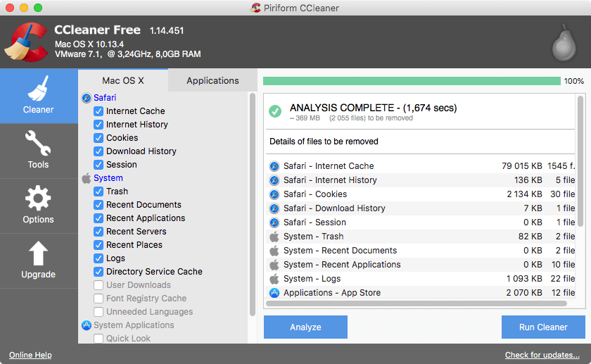 CCleaner для Mac - анализ системы