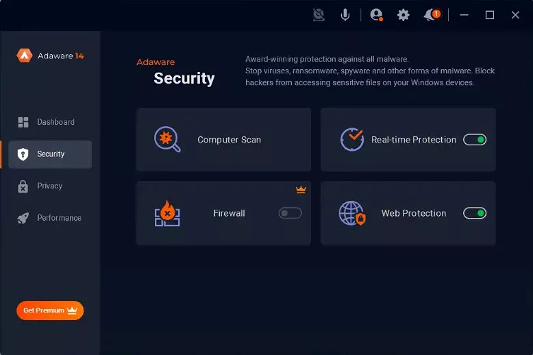 Раздел безопасности Adaware Antivirus Premium