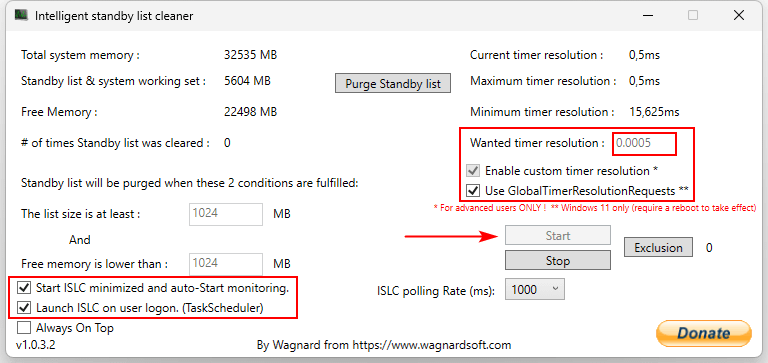 Настройка Intelligent Standby List Cleaner