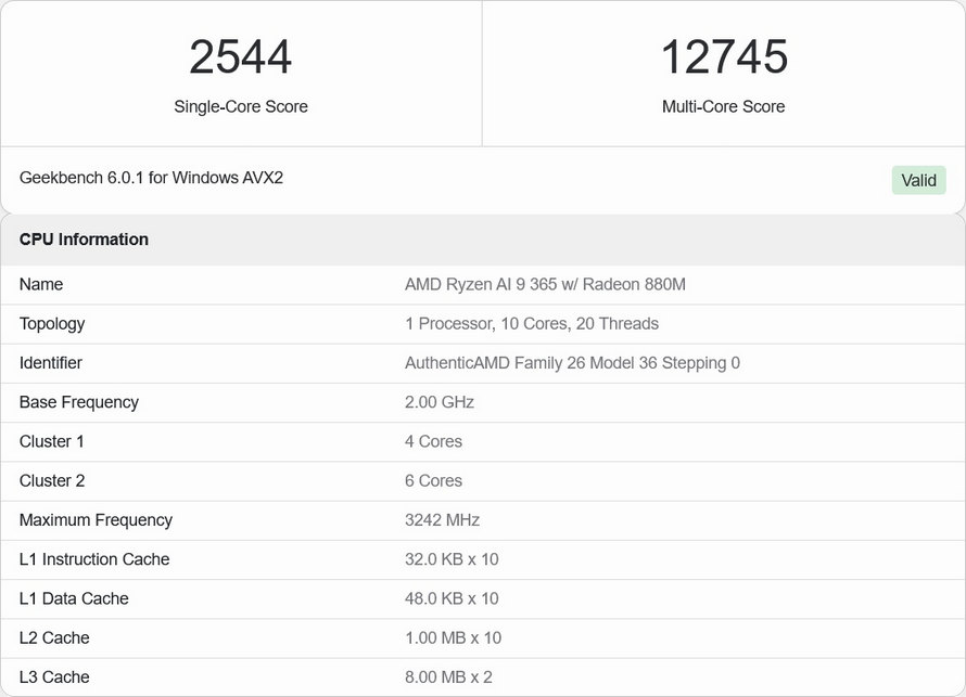 Производительность процессора AMD Ryzen AI 9 365 в Geekbench