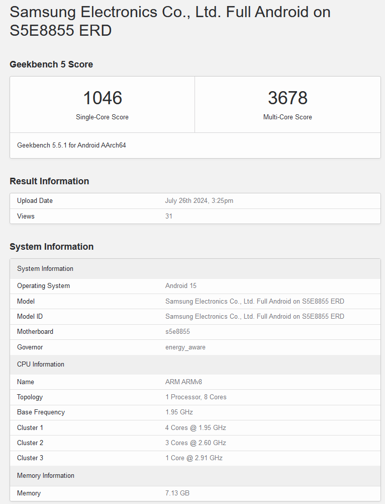 Samsung Exynos 1580 в Geekbench