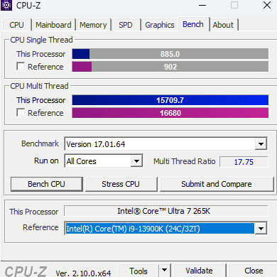 Intel Core Ultra 7 265K в CPU-Z