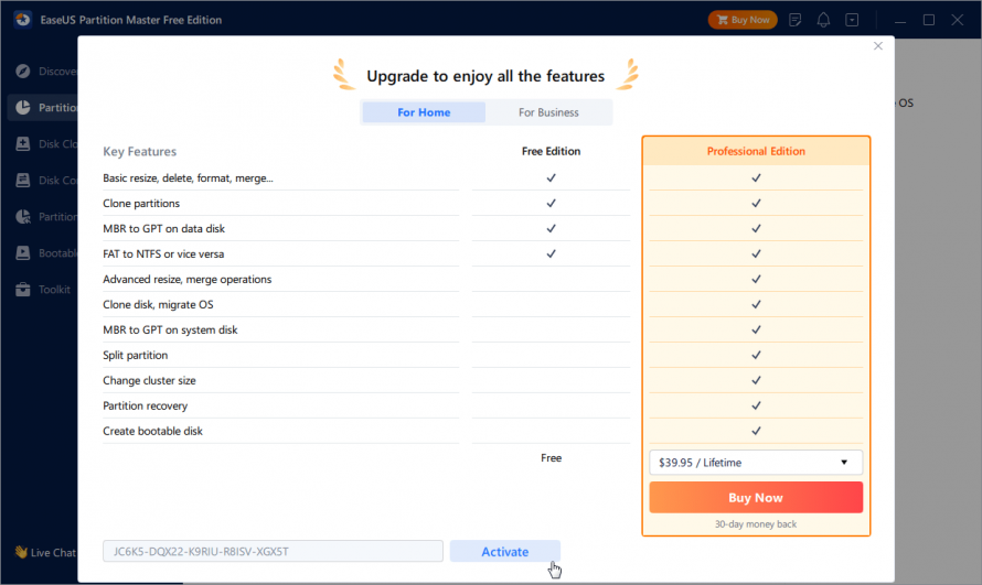 Активация EaseUS Partition Master Professional