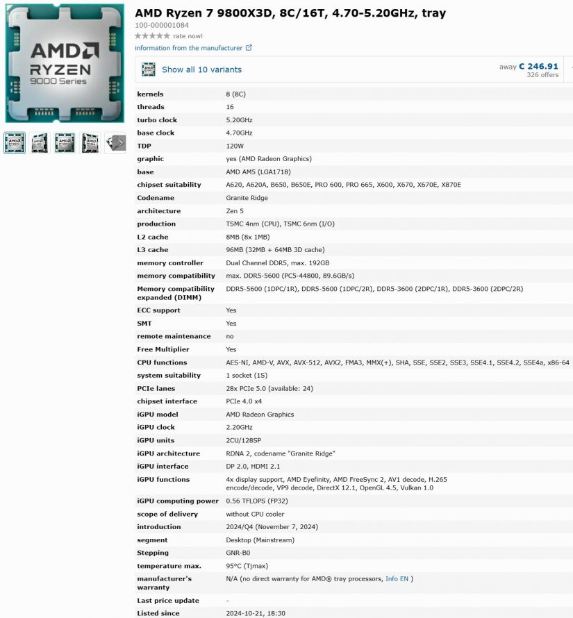 Полные характеристики AMD Ryzen 7 9800X3D